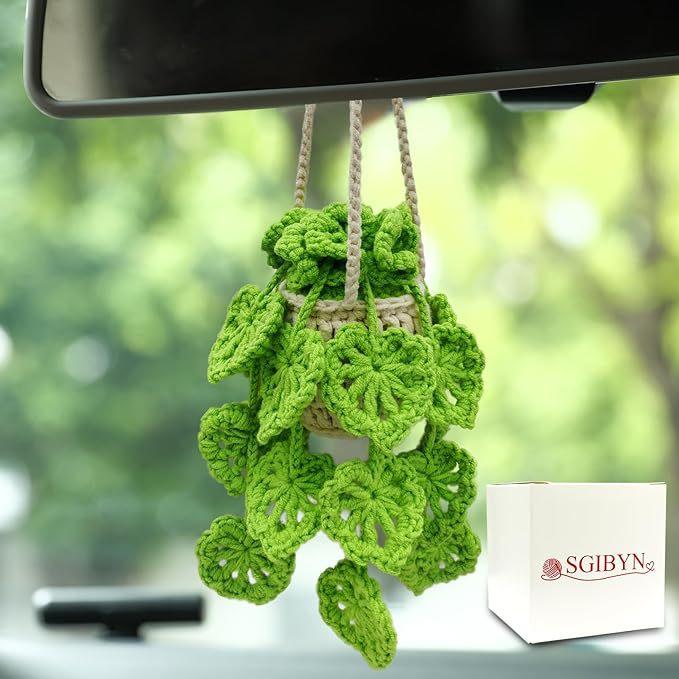Handmade Crocheted Plant Car Pendant, Cute Knitted Hanging Basket Flower Doll, Rearview Mirror Hanging Ornament, Boho Car Interior Decor Accessories for Women