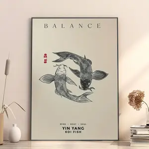 Vintage Japanese Ink Art Poster, Yin Yang Koi Fish Design, Wall Art Canvas Print, Vintage Prints, Modern Home Decor for Bedroom Living Room Office Bathroom