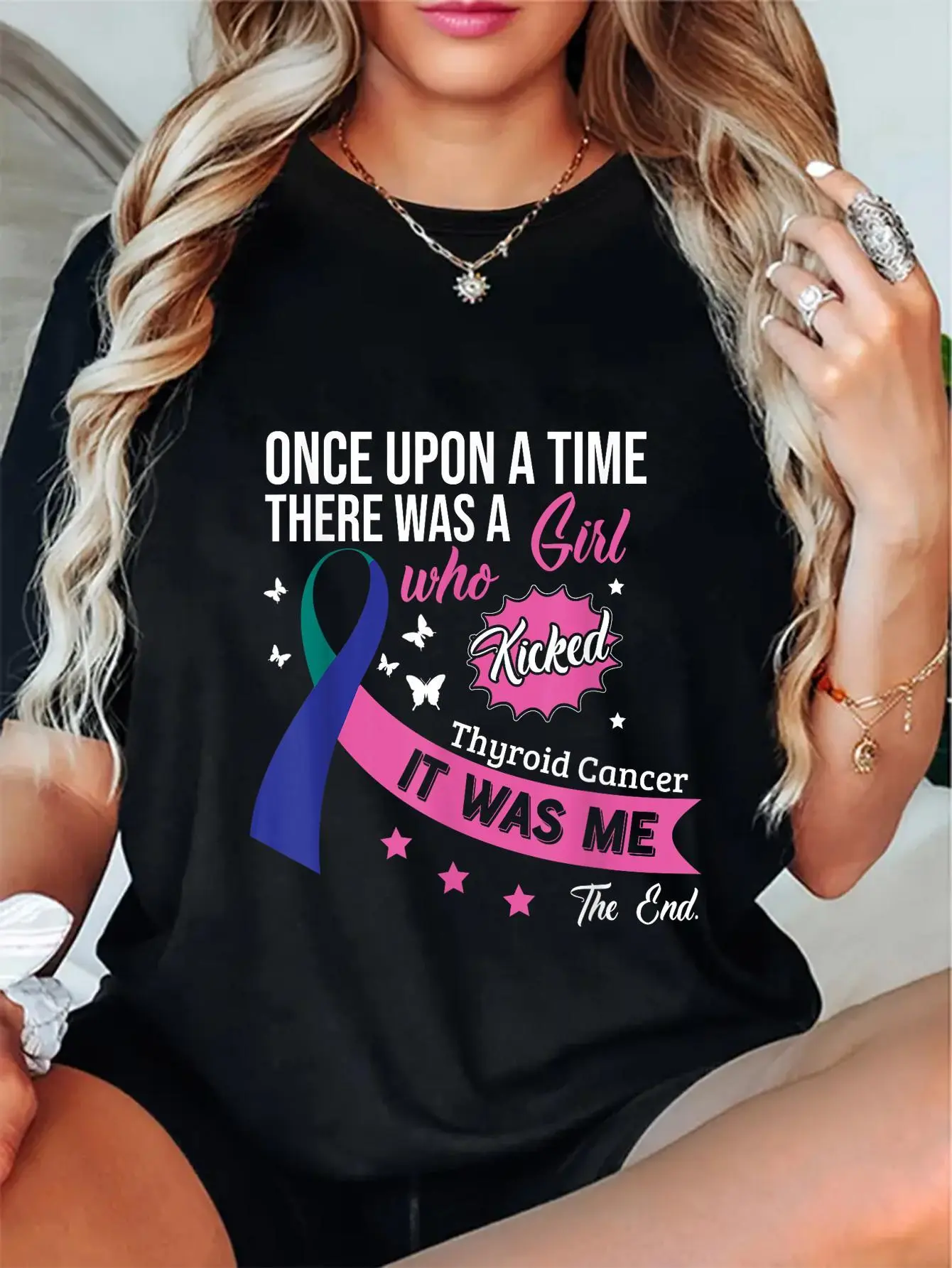 Women's Cute Short-Style Graphic T-Shirt - Thyroid Cancer Awareness Ribbon Print, Unisex Fit, Breathable 100% Cotton Tops for Everyday Wear