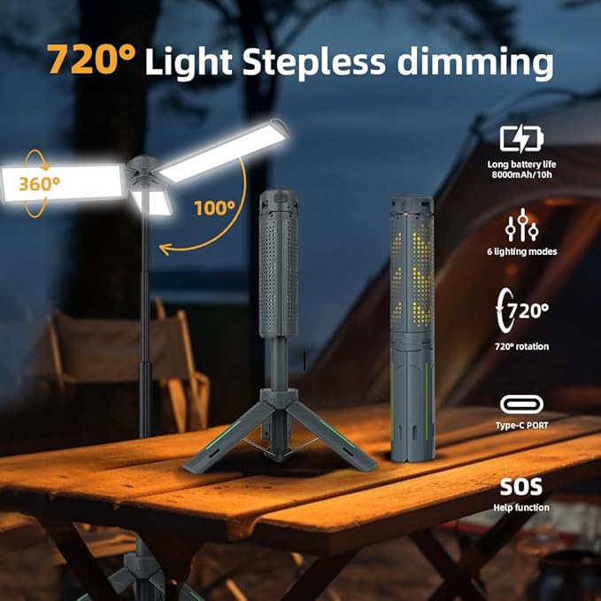 Rechargeable 8000mAh Retractable Camping Light, High Lumen Work Light with 3 Adjustable LED Lamp Heads and Dimmable Brightness, Equipped with 3.4-Foot Tripod β Must-Have for Camping, Ideal for Garage Use, Emergencies, BBQs, Gatherings and Festival Gifts Rechargeable 8000mAh Retractable Camping Light, High Lumen Work Light with 3 Adjustable LED Lamp Heads and Dimmable Brightness, Equipped with 3.4-Foot Tripod β Must-Have for Camping, Ideal for Garage Use, Emergencies, BBQs, Gatherings and Festival Gifts