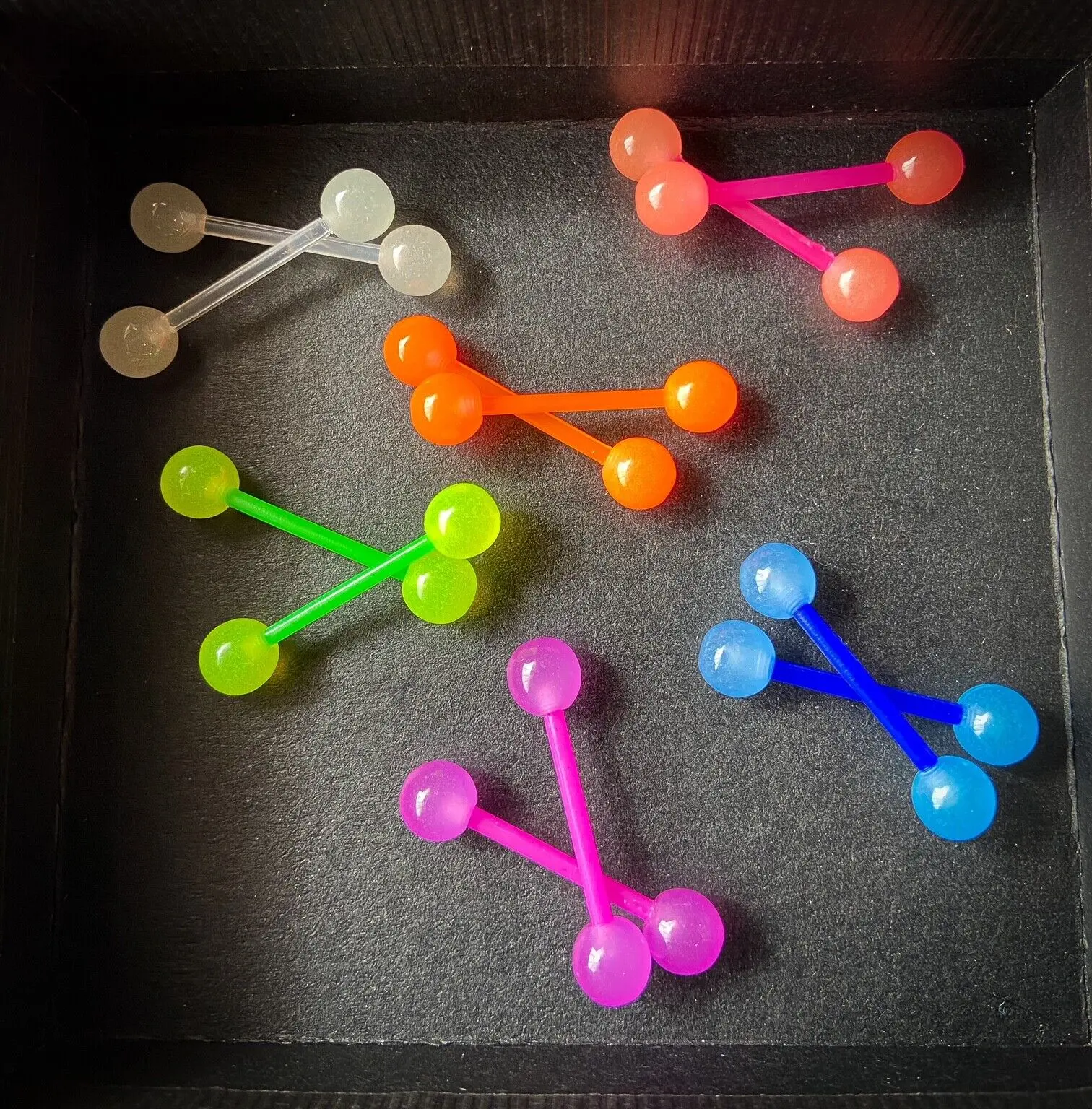 PAIR Flexible Barbell Nipple or Tongue Rings PTFE Glow In The Dark NO METAL