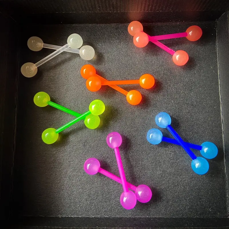 PAIR Flexible Barbell Nipple or Tongue Rings PTFE Glow In The Dark NO METAL