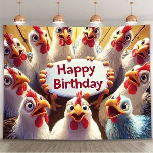 1PC Happy Birthday Chicken Party Backdrop Banner - Cartoon Roosters & Hens Design, Vibrant Print, Durable Reusable Polyester, No Electricity Needed, Ideal for Birthdays/Christmas/Outdoor Decor