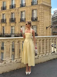 Pure Color Elegant Halter Neck Backless Waist Cinched Midi Dress, Sleeveless Fitted Plain Style, Women's Fashion Clothing