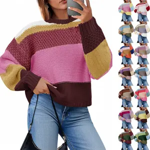 FMEYOA Womens Color Block Cropped Sweaters 2025 Winter Trendy Casual Oversized Y2k Going Out Striped Pullover Tops