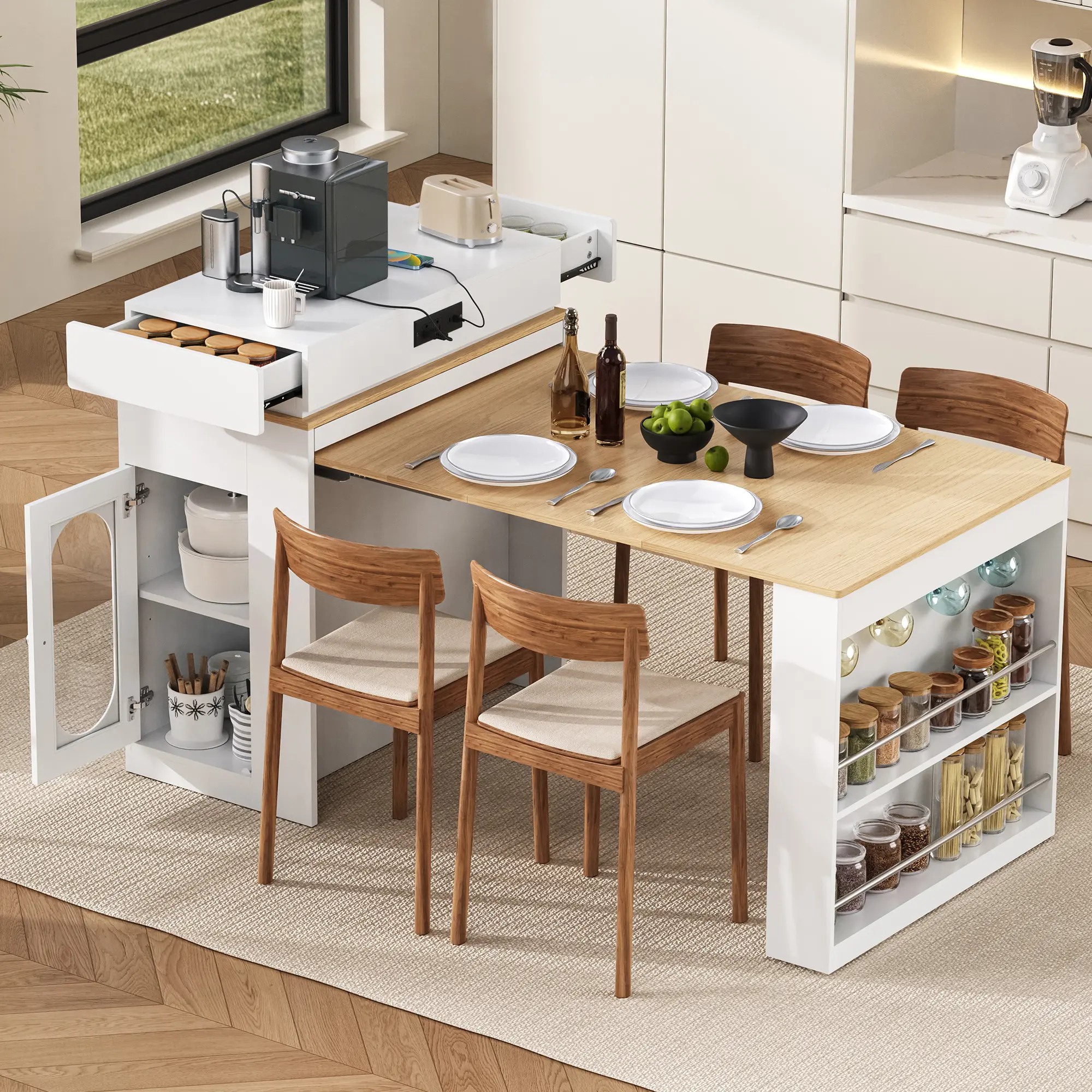 Sturdy Foldable Adjustable Dining Table - Extendable, Contrast Color, Space-Saving, Built-In Power Outlet, Hidden Casters, Rolling Kitchen Island with Drawers & Hooks, Glass Doors Sideboard for Dining & Living Spaces, Dining Tables