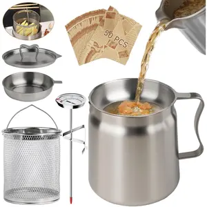2L Oil Filter Pot Bacon  Saver with Strainer, 68oz Steel Pour Fryer Large Capacity Bacon  Container with Cooking Thermometer & 50 Wax Papers Stainless Steel for Kitchen Camping