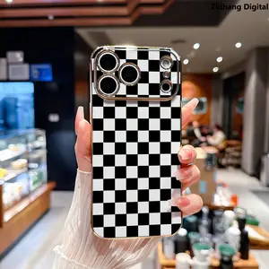 Black checkerboard pattern Soft Case for iPhone 17 Pro Max Air 16 Plus 15 14 13 12 11 Elegance Luxury Golden Edge Electroplating TPU Phone Protection Cover Premium Slim Shockproof Lightweight Protective Cover