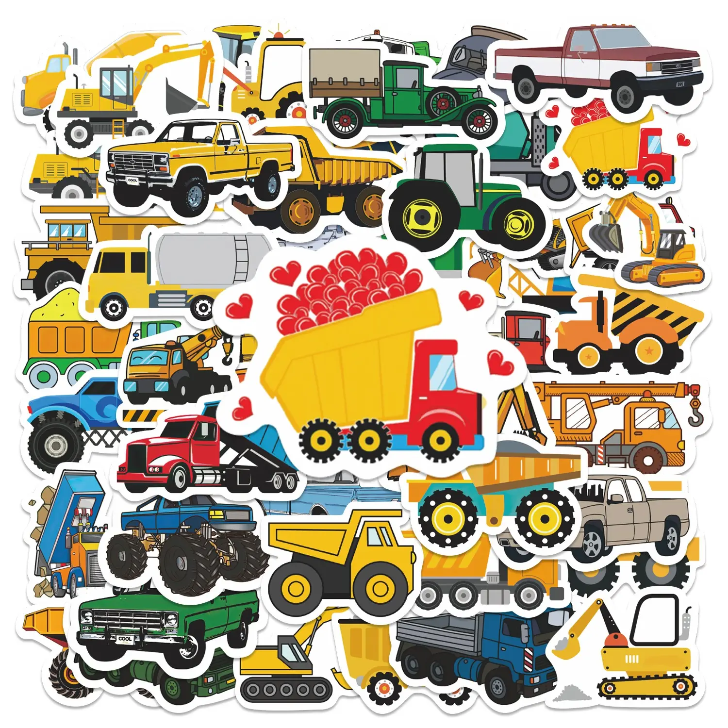 50pcs Construction Vehicle Stickers Pack, Waterproof Cartoon Truck & Tractor Decals for Laptop, Water Bottle, Notebook, Scrapbook & Kids' Toys, Toddler Gift, Stickers For Scrapbooking