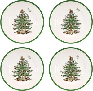 Christmas Tree 10.5" Dinner Plate (Set of 4) - Festive Holiday Stoneware Plate with Christmas Tree & Green Borders, Microwave, Dishwasher, Freezer
