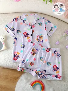 2-Piece Kids Pajama Set, Short Sleeve Button Front Top & Shorts, Kpop Print, Casual Fitted, All Seasons, Girls Medium Large