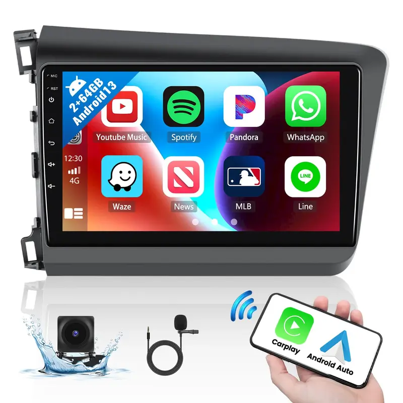 5G WiFi Car Stereo for Honda Civic 2012 2013 2014 2015 [2+64G] with Wireless Carplay & Android Auto, 9 Inch Touch Screen Car Radio Bluetooth GPS Navigation DSP FM SWC for Honda Civic Radio