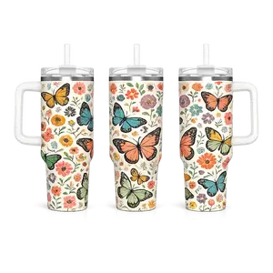 40oz Insulated Stainless Steel Water Bottle - Stylish, Portable, Leakproof Double-Wall Tumbler with Handle & Straw, Cream Vintage Hand-Drawn Butterfly Wildflower Full-Wrap Botanical Print for Boho Nature Lovers