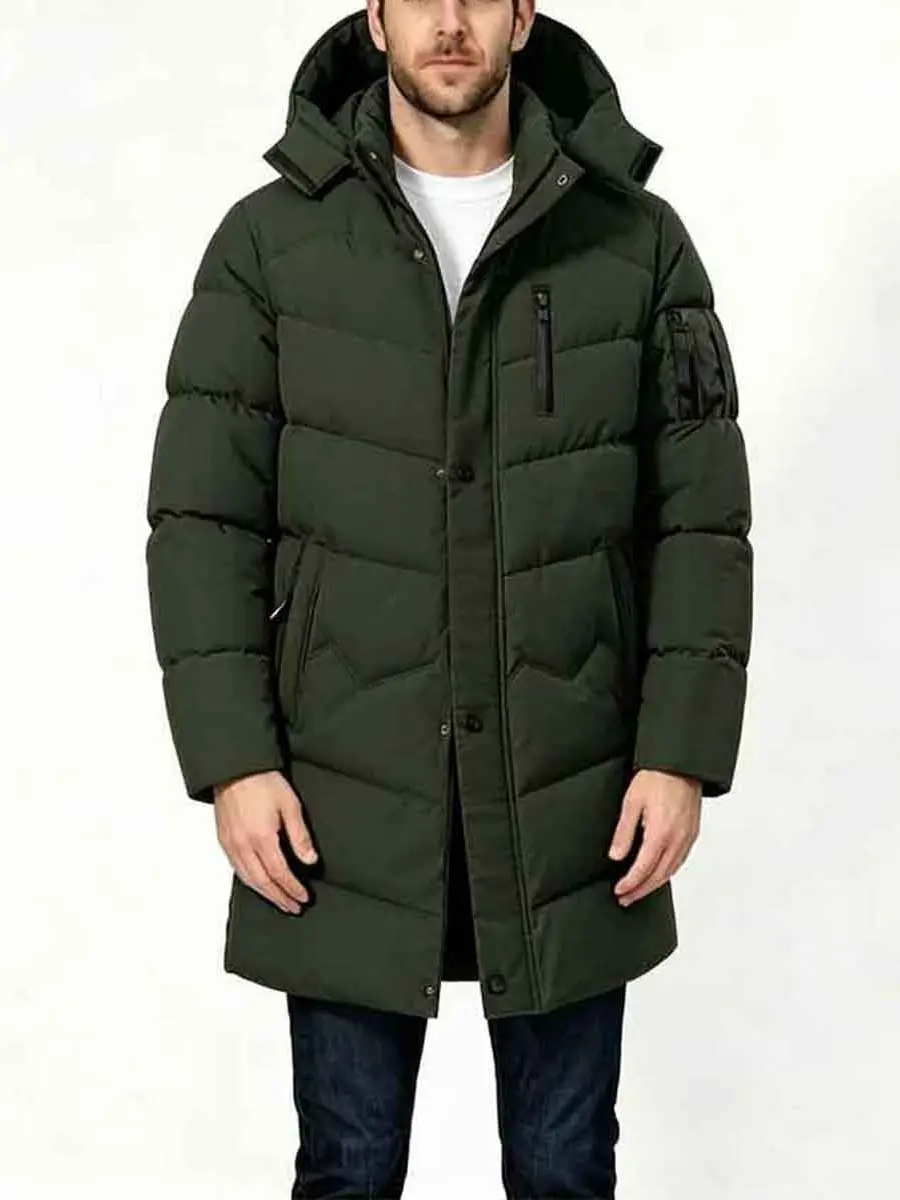 Mature Men's Hooded Mid-Length Quilted Puffer Jacket - Solid Navy, Thick Warm Loose-Fit Winter Outer Coat for Office & City Daily Cold-Weather Outfits, Pair with Jeans, Shirts, Tops, Sweaters, Sleeves, Fabric, Menswear, Pocket, Oversized, Straight, Relaxe