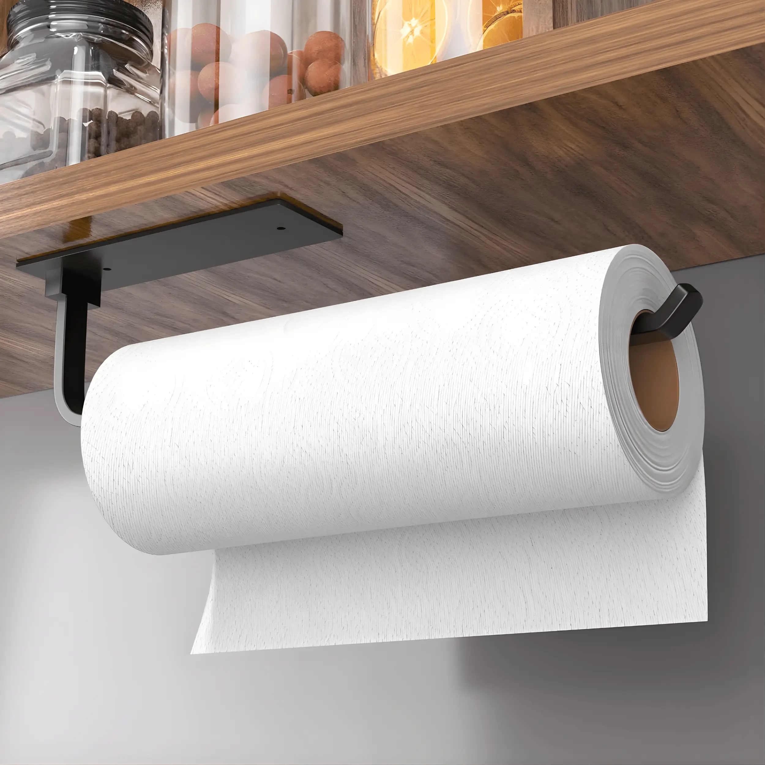 Paper Towel Holder Matte Black Upgraded Aluminum Kitchen Roll Dispenser Self-Adhesive or Drill Mount, Under Cabinet Mountable Lightweight Yet Stronger Than Stainless Steel Space-Saving & Stylish Kitchen Accessory
