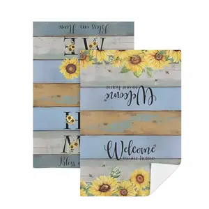 2Pcs Farmhouse Guest Towels for Bathroom, Rustic Sunflower Welcome & Wildflower Floral Decorative Kitchen Towels, Absorbent Cotton Hand Towels for Home Decor, 16x24 Inch
