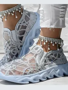 Women's Fashion Low-Top Hollow-Out Transparent Mesh Sports Shoes, Lightweight Comfortable Casual Style, Outdoor Sport Essential Sneakers, Mesh Breathable Glitter Design Sneakers