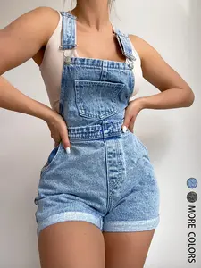 Women's Casual Roll Up Hem Denim Overalls, Vintage Denim Backless Shorts,High-Waisted Roll-Up Hem Casual Style, Loose-Fitting，Comfortable Fit, Perfect for Daily Wear, Stylish and Versatile Design