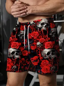 Men'S Summer Beach Shorts with a Print Design - Featuring a Bold Pattern of Digital Skulls And Roses, Made from Lightweight And Comfortable Fabric. Perfect for Casual Summer Outdoor Vacations And Parties