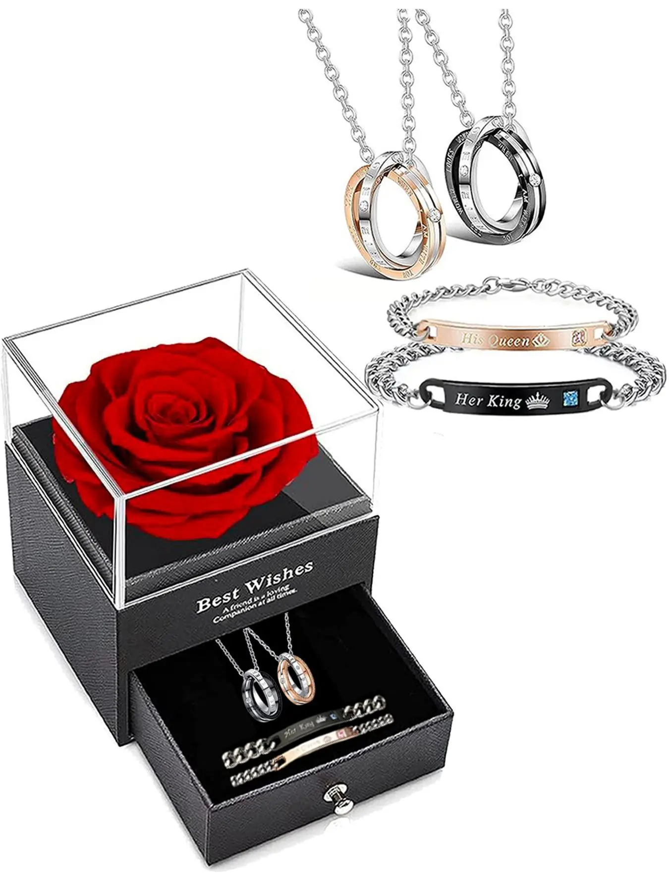 Couple's Promise Bracelet and Necklace Matching Jewelry Set with Soap Flower Gift Box, Personalized Couple Bangle and Chain, Valentine's Day Gift, Men Jewelry