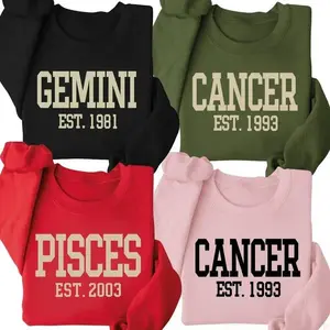 [LEAVE A NOTE OR NOT EST] Full 12 Minimalist Zodiac Sweatshirt – Custom Astrology Sign Crewneck with Optional EST Birth Year, Unisex Horoscope Pullover, Clean Typography Streetwear Gift for Zodiac Lovers