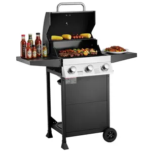 VEVOR Gas Grill,  3 Burner Propane Gas Grill with Spacious 338 SQ.In Grilling Area, Carbon Steel Enamel Grates, Outdoor 36,000 BTU Patio Garden BBQ Grills with Foldable Side Shelves, Carbon Steel