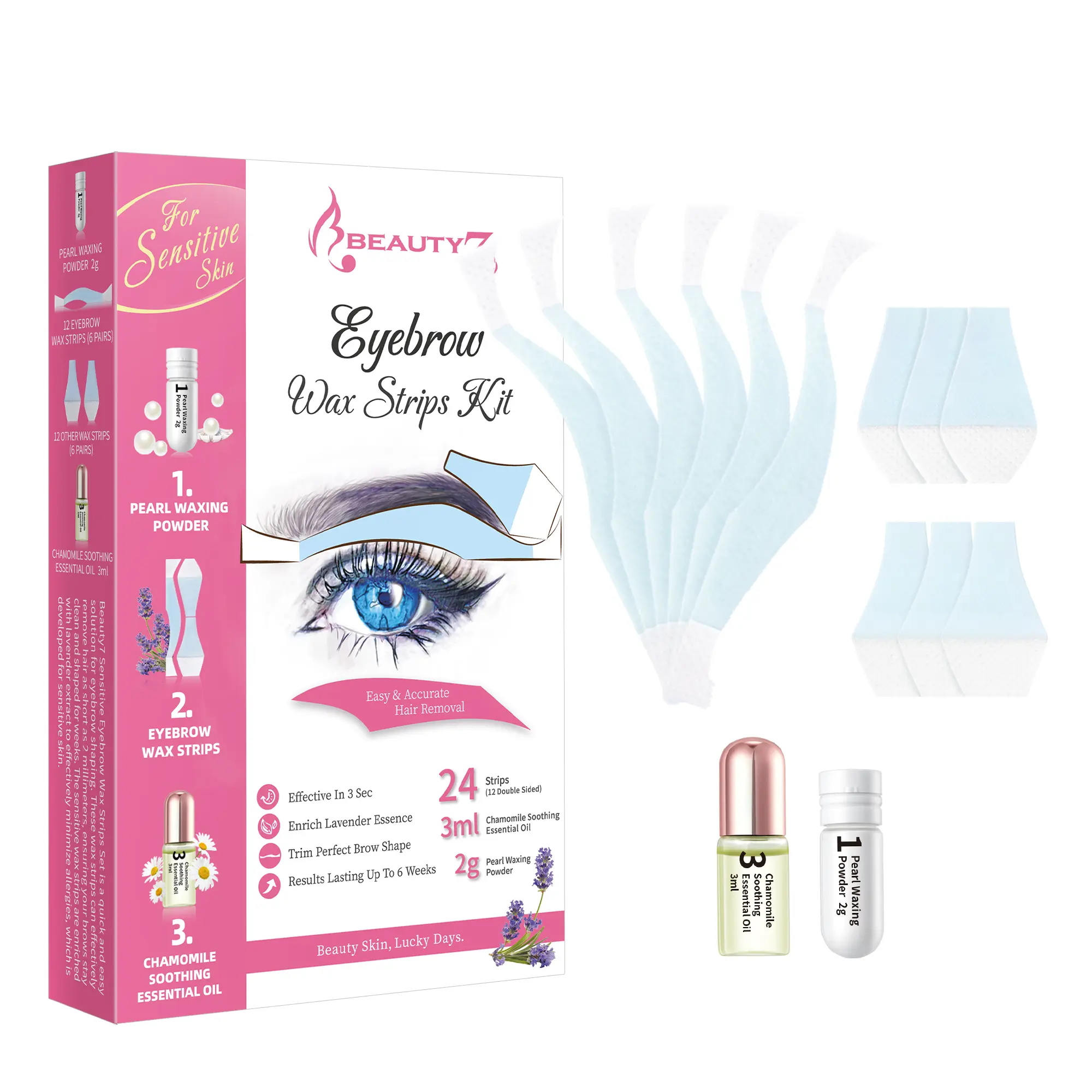 Beauty7 Eyebrow Wax Strips for Sensitive Skin, Gentle At-Home Hair Removal Kit with Lavender & Chamomile - Wait 3 Sec for Smooth Skin, 12 Pairs, Waxing Set, Double-Side, Hypoallergenic, Long Lasting, Flawless, Pearl, Wax Strips For Face