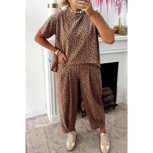 Brown Leopard Loose Tee Drawstring Waist Barrel Pants Set