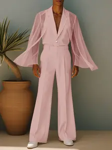 INCERUN Men Sets Chiffon Patchwork See Through Long Sleeve Blazer & Pants Flared Trousers Two Pieces Sets Streetwear Fashion Men's Casual Suits Vacation Outfit