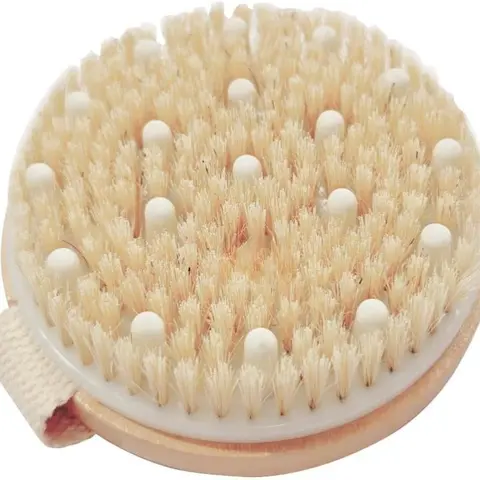 Eco-Friendly Bamboo Round Exfoliating Bath Brush - Compact, Non-Slip Natural Bristles, Massage Nodes, Wet/Dry Shower Use, Gentle for All Skin Types, Silicone Strap Accessory, Smooth Youthful Skin, Aids Blood Flow, Personal Body Care Tips Included