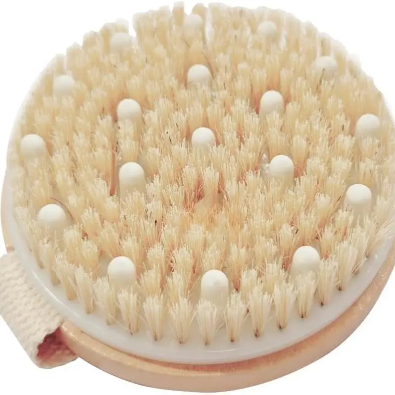 Eco-Friendly Bamboo Round Exfoliating Bath Brush - Compact, Non-Slip Natural Bristles, Massage Nodes, Wet/Dry Shower Use, Gentle for All Skin Types, Silicone Strap Accessory, Smooth Youthful Skin, Aids Blood Flow, Personal Body Care Tips Included