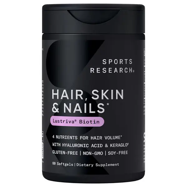 [Hot 2026!!!] Sports Research Hair, Skin & Nails Complex - Supports Hair Growth, Glowing Skin & Strong Nails - w/Lustriva Biotin, Collagen, Hyaluronic Acid & KeraGLO Keratin - Non-GMO, Gluten-Free, 60 Softgels