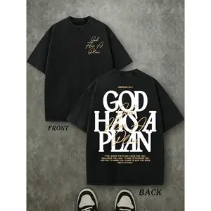 Front Small Cursive God Has A Plan Back Big Bible Verse Print T-Shirt，Summer Christian Believer Birthday Gift Breathable Distressed Streetwear Unisex Oversized Slightly Cropped Tee All Sizes