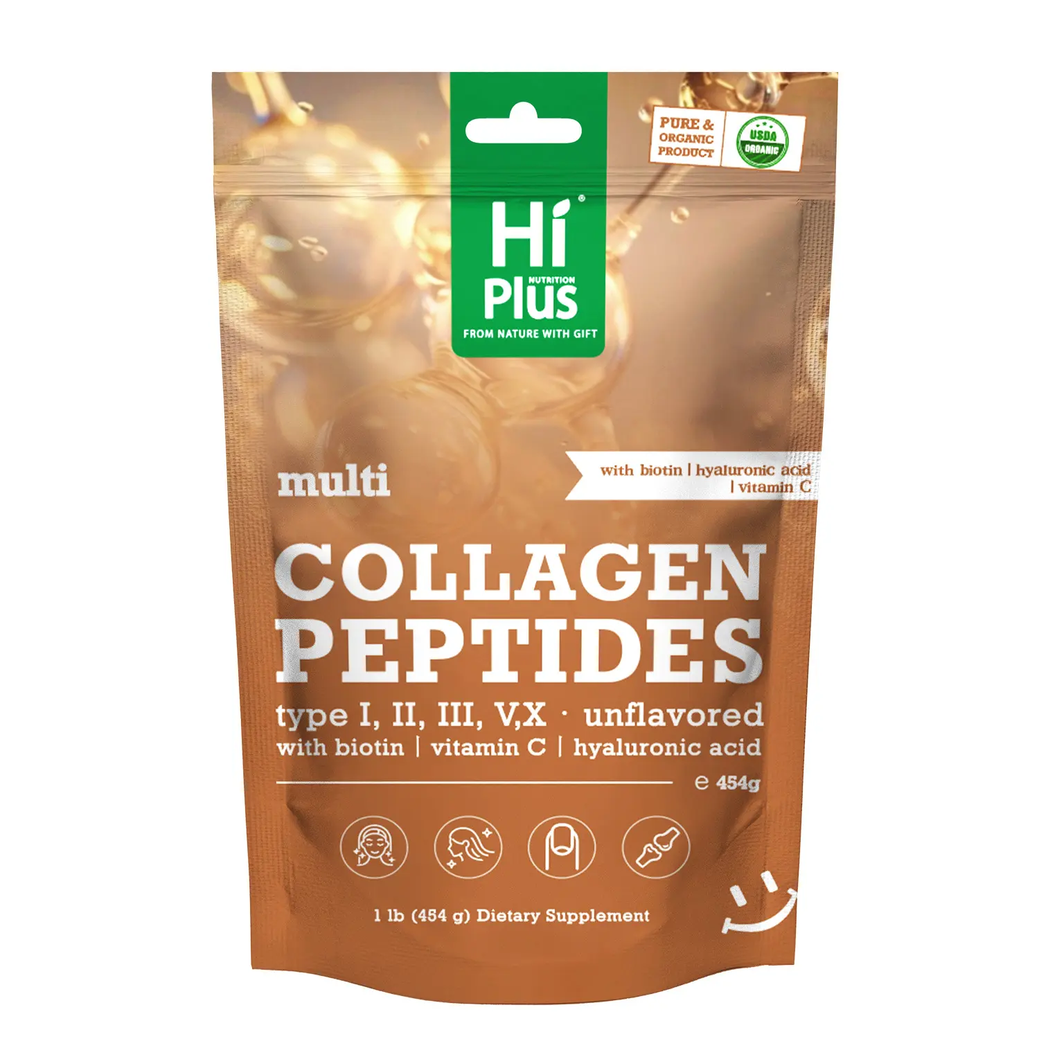 Hi Plus Multi Collagen Peptides Powder delivers Types I, II, III, V & X with Hyaluronic Acid, Biotin, and Vitamin C in a premium hydrolyzed formula. This unflavored blend supports radiant skin, stronger hair, nails, and joint health for full-body wellness