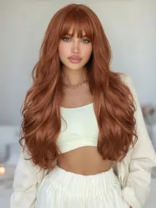 Long Auburn Wigs with Bangs, Ginger Layered Wavy Synthetic Wig for Women, Party Daily Use, 26 Inch, Stylish and Versatile Hairpiece, Fashion Wig
