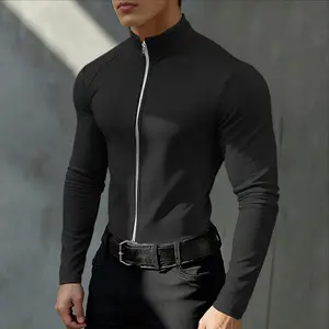 INCERUN Men's Black High-Neck Slim-Fit Full-Zip Muscle Compression Base Layer Winter Top - Athletic Fashion Activewear, Fitness Outfits, Gym Athletic Clothes, Gym Outfit Inspo