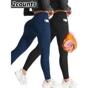 Women'sSolidStretchyHighWaistThermalLinedSportsLeggings,CasualComfyPocketDesignSkinnyPantsforYogaGymWorkoutRunning,LadiesSportswearforFall&Winter,YogaTrainingPants,HighWaistedLeggings,GymFitnessLeggings