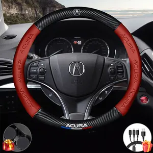 Premium Custom Fit Steering Wheel Cover for Acura - Genuine NAPA Leather & Carbon Fiber Design | Anti-Slip Grip | Includes Bonus Cup Mat & 3-in-1 Charging Cable (Red)