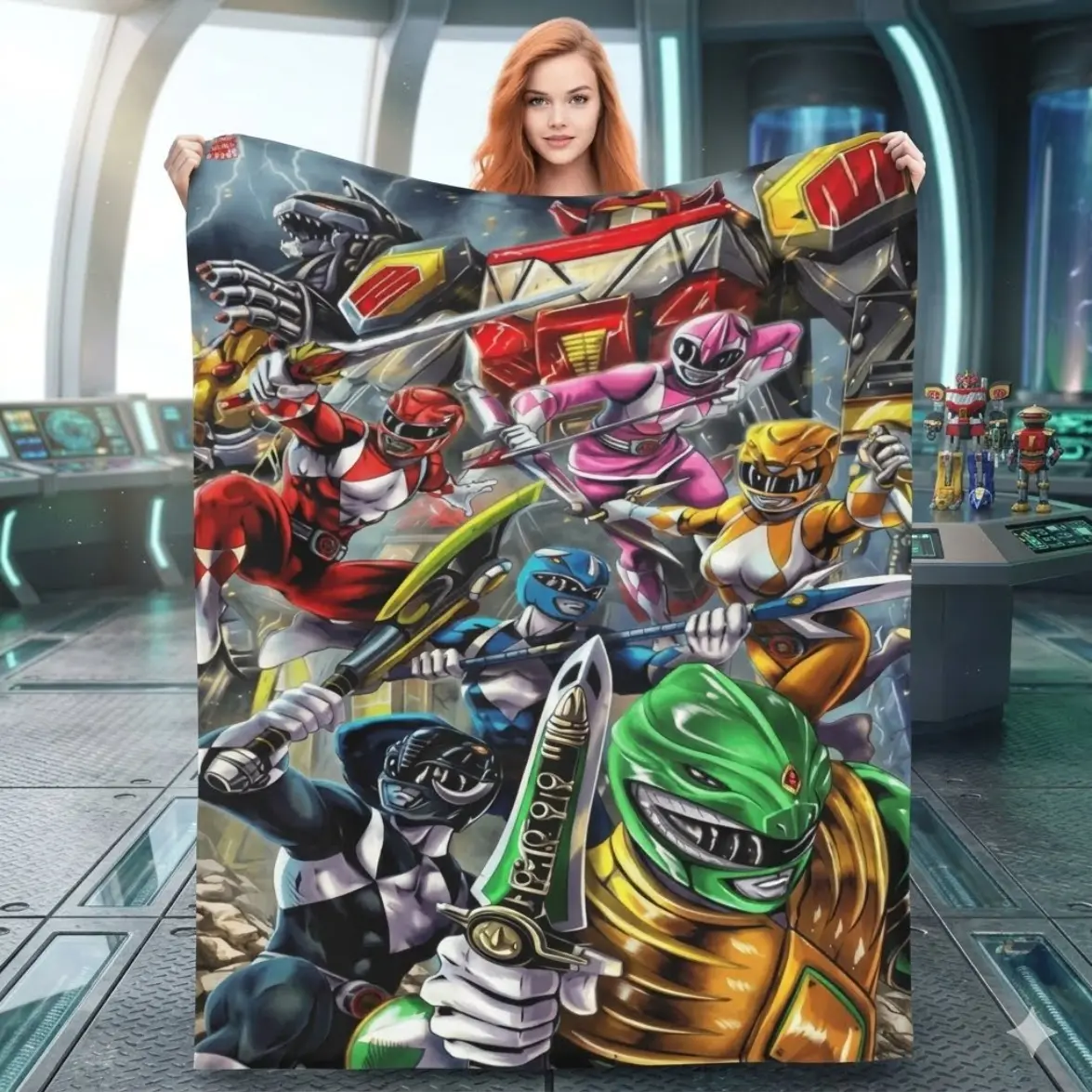 1Pc Mighty Morphin Power Rangers Flannel Blanket Red Ranger & Black Samurai Print Soft Warm Cozy Throw for Bed Couch Dorm Decor Nostalgic 90s Retro TV Show Fan Gift Lightweight Skin Friendly All Season Blanket Machine Washable Home Bedding
