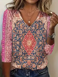 【Plus Size】Elegant Geometric Pattern Long Sleeve Top Blouse, Loose Fit Women's Casual Wear, Perfect for All Seasons, Tiktok Trending Fashion