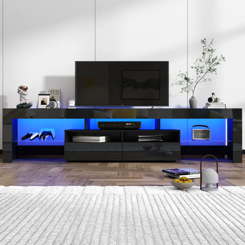 Minimalist High-Gloss Black LED TV Stand - 70"/86" Large Screen Entertainment Center, Control-Enabled RGB Lights, 5+1 Storage Zones, Built-In Drawers & Cabinets, Assembly Required, Indoor Living Room Furniture