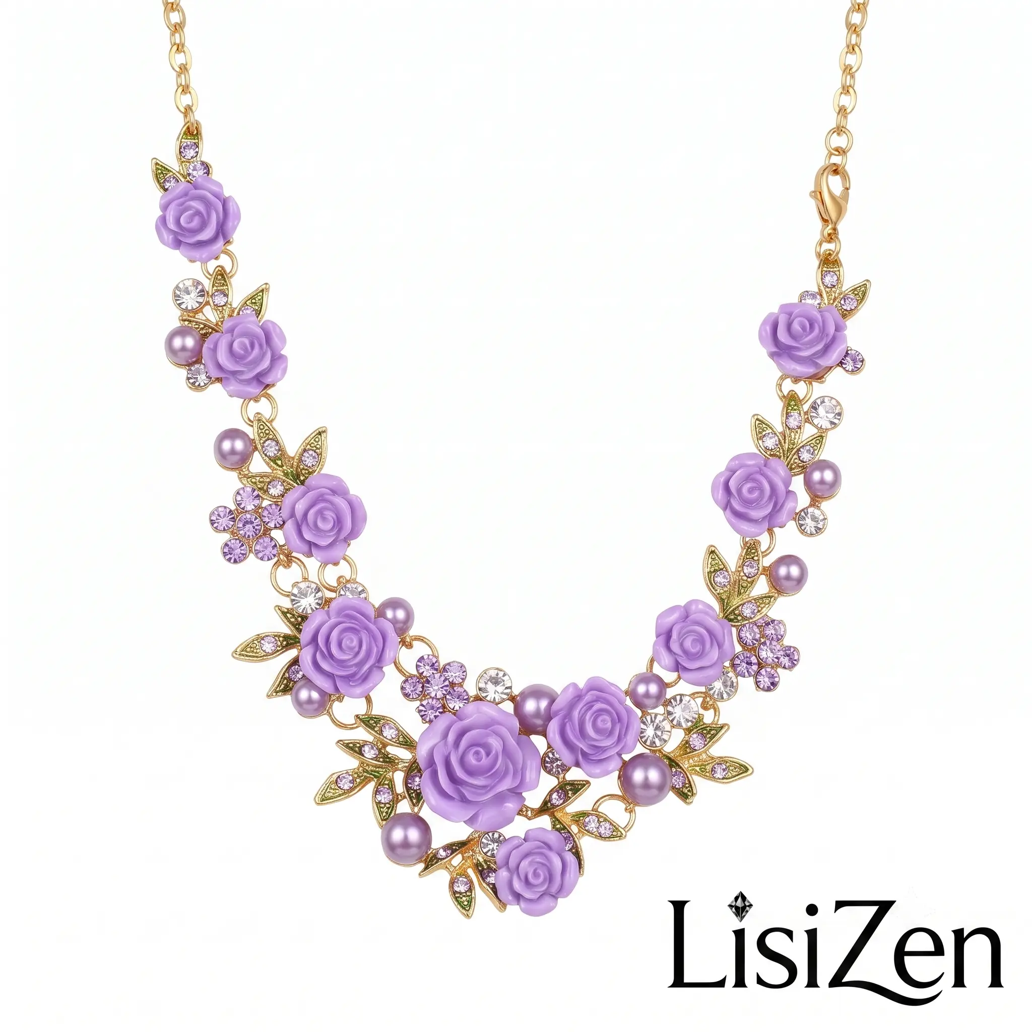 LisiZen Gold Plated Faux Pearl Camellia Jewelry Set, Sparkly Rhinestone Flower Necklace and Earrings 2-Piece Kit DZXL4502