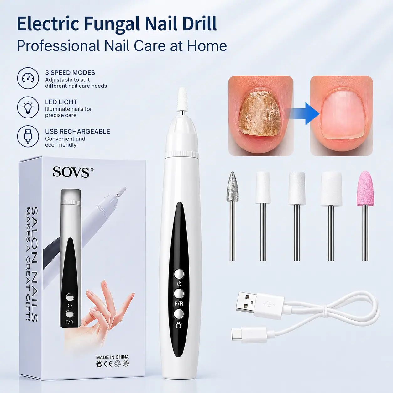 SOVS Portable Electric Nail Drill Machine, Professional Nail File for Manicure & Pedicure, At-Home Nail Grooming Tool | Beauty Personal Care