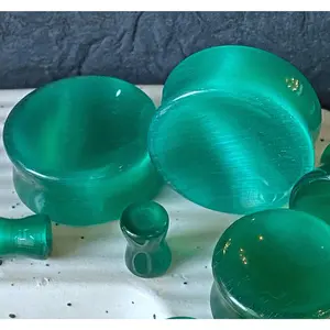 PAIR Concave Deep Green Cat Eye Stone Plugs Double Flare Tunnel Earlet Gauges