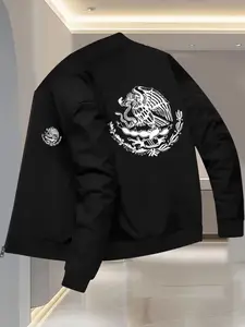 Men's Mexican Emblem Print Fitted Long Sleeve Jacket, with Eagle Snake Pattern, Zip Casual Outerwear for Fall Winter