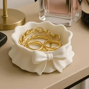 Cute White Ruffled Bow Ceramic Jewelry Tray, Vanity Ring Dish Organizer, Elegant Home Decor for Desk, Office, Party Centerpiece, Perfect Holiday Gift for Christmas, Valentine's Day, Birthdays