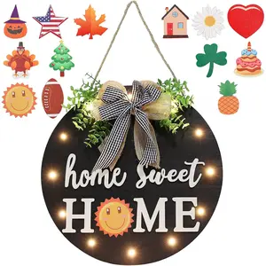 Interchangeable Welcome Sign for Front Door with 14 Changeable Icons, Farmhouse Front Porch Decor Rustic Wooden Wall Sign with 12 LED Lights, Outdoor Seasonal Welcome Home Decorations (Black1)
