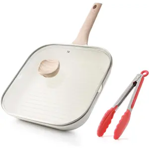 Nonstick Grilling Pan with Lid for Stove Tops, 11 Inch Square Grill Pan for Indoor Cooking,  Coating Grill Skillet with Pour Spouts, Versatile Griddle, Induction Steak Pan, White
