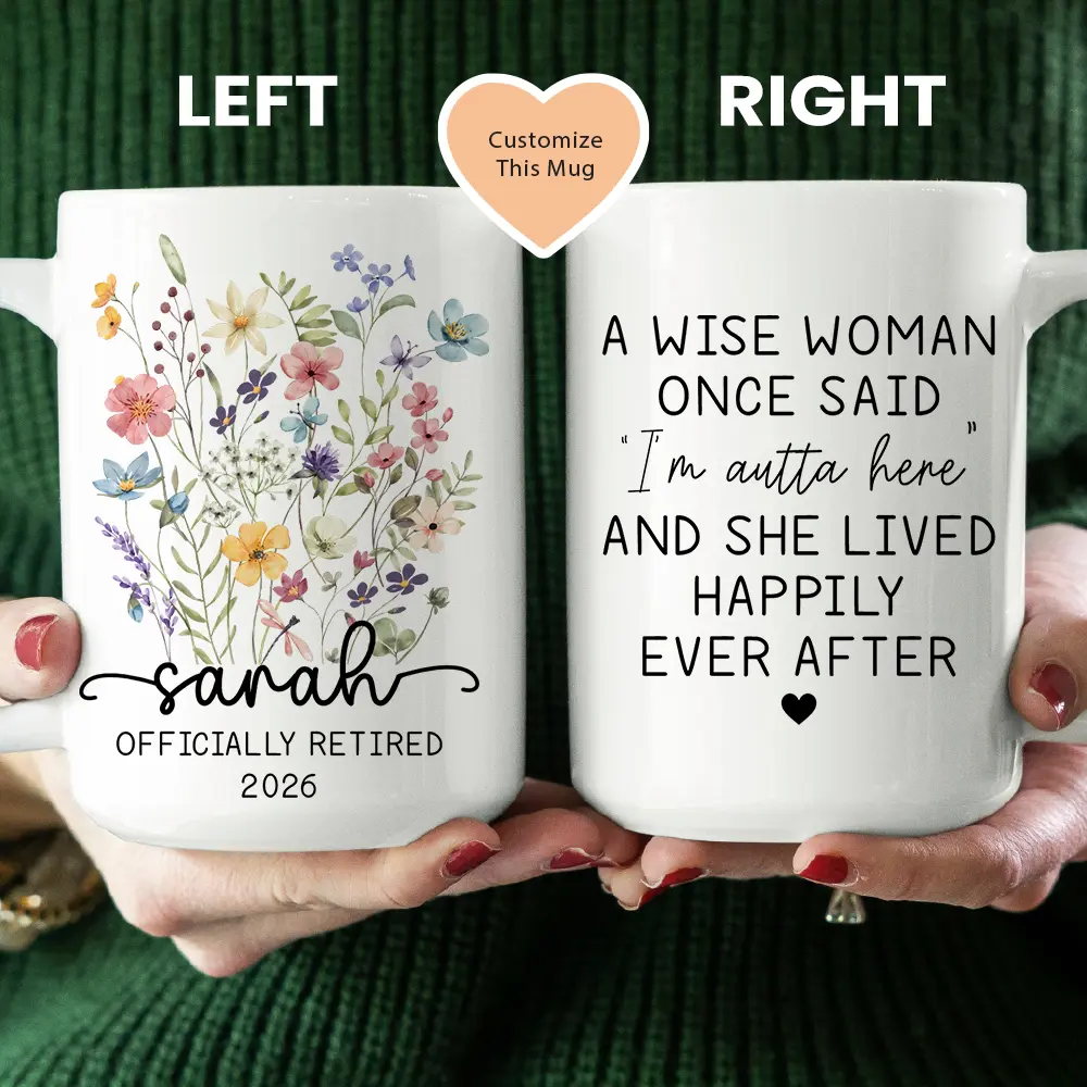15oz Personalized Retirement Ceramic Coffee Mug - Glossy Single Mug Drinkware with Custom Name Print, Retirement Gift Ideas