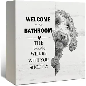 Funny Goldendoodle Bathroom Decor, Goldendoodle Gifts Black and White Golden Doodle Dog Wooden Box Sign, Wood Signs for Bathroom Toilet Restroom Counter Shelf Wall Decoration 5x5 Inch